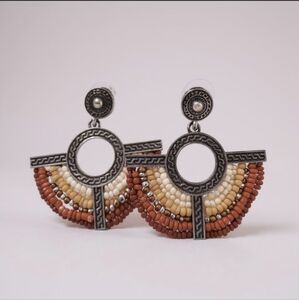 Fan Earth Tone Beaded Silver Tone Drop Earrings